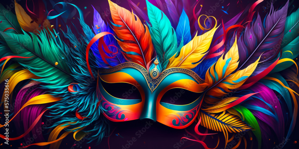 Colorful carnival mask on dark background. Generative AI.