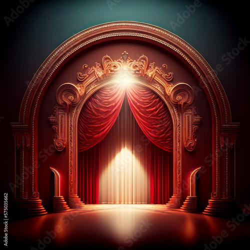 theater stage with red curtains. Generative AI.