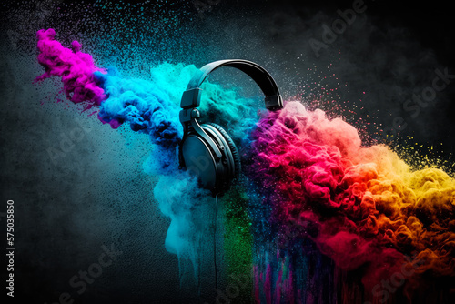 Headphones with colorful powder on black background. Generative AI.