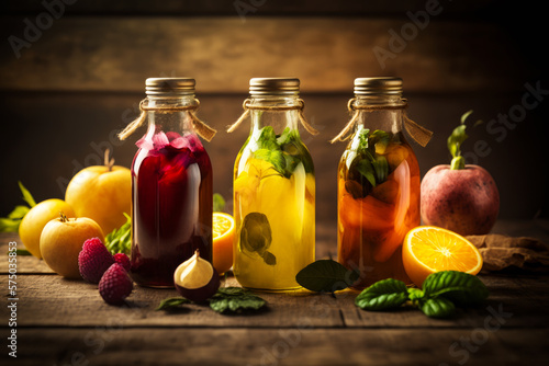 Three bottles filled with fruit and herbs on wooden table. Generative AI.