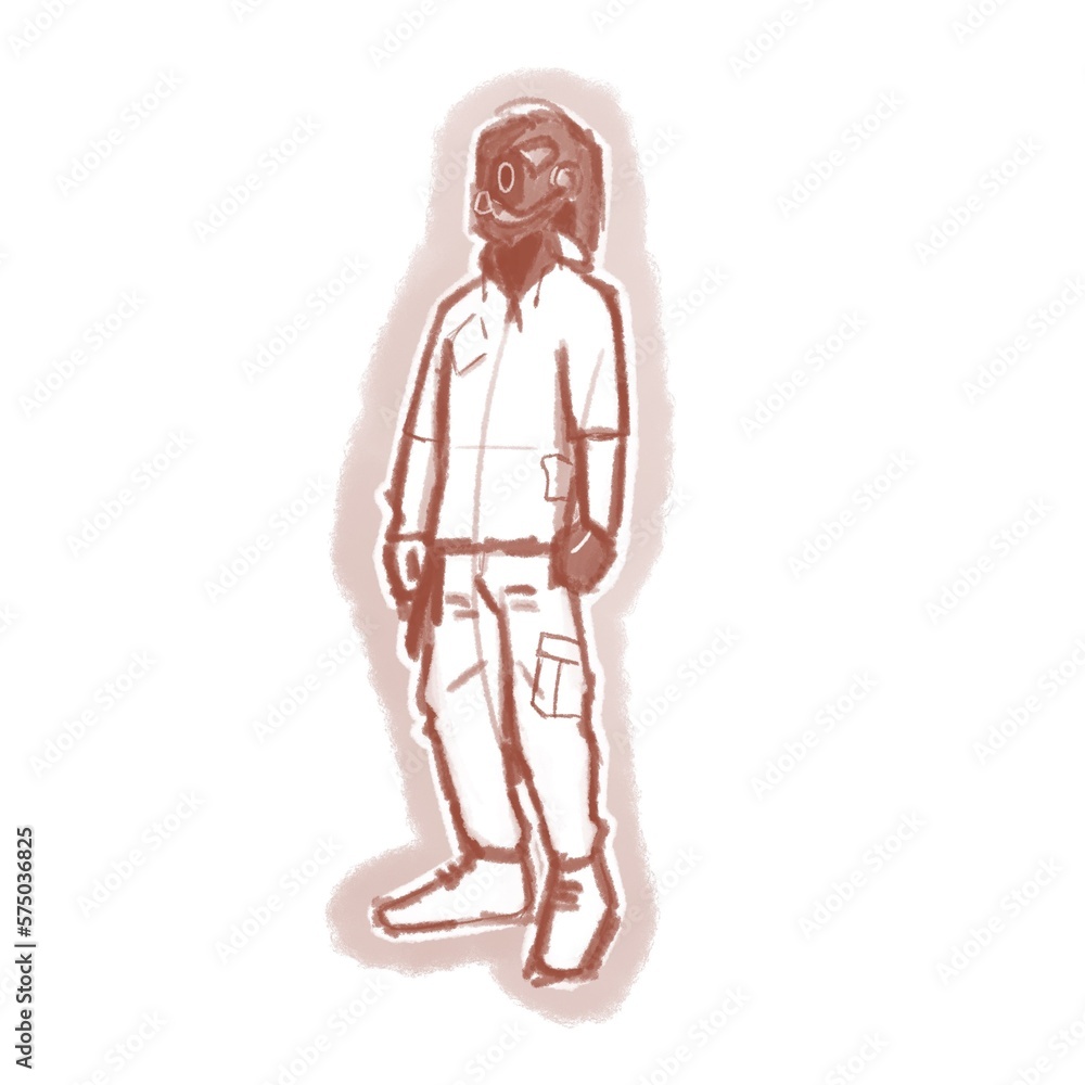 a man in a futuristic tracksuit and mask.  monochrome illustration