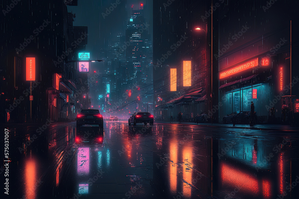 Night neon city in the rain, reflection of neon light in puddles and water. AI