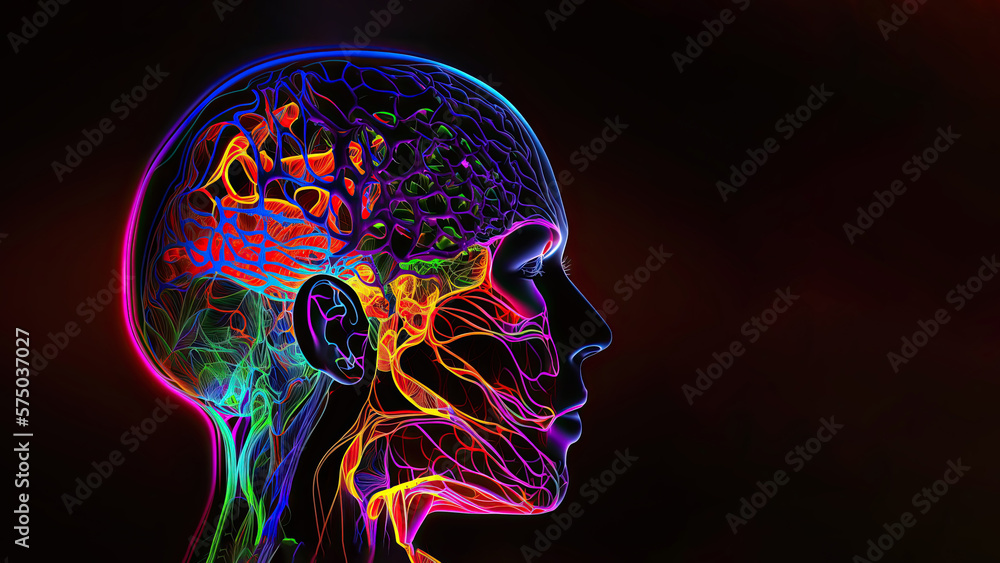 Headache in human head neon glowing head brain, pain in human head with colorful stress illustration, terrible migraine attack in human brain. Colorful neon silhouette on human head, generative AI - obrazy, fototapety, plakaty 