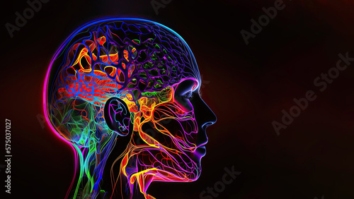 Headache in human head neon glowing head brain, pain in human head with colorful stress illustration, terrible migraine attack in human brain. Colorful neon silhouette on human head, generative AI