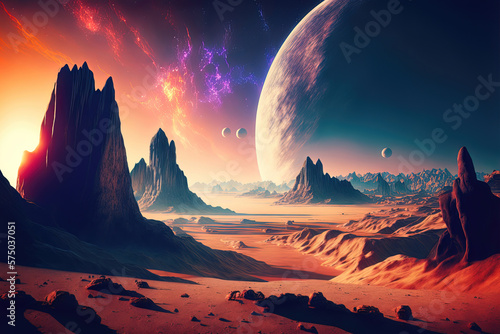 Fantasy neon landscape of a distant unknown planet. AI © Terablete