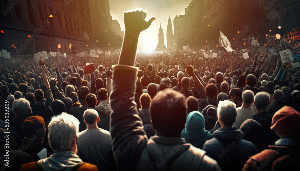 Protesting crowd people on city street with raised fist rear view, anti