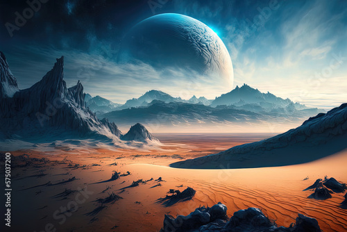 Fantasy neon landscape of a distant unknown planet. AI