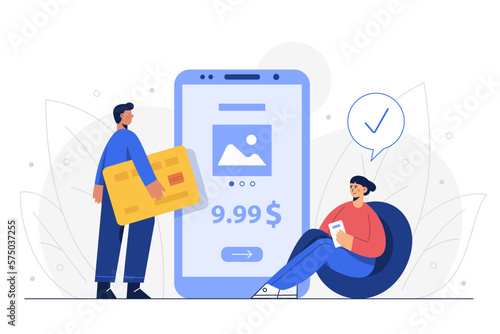 Husband and wife pay for goods by credit card via mobile banking.