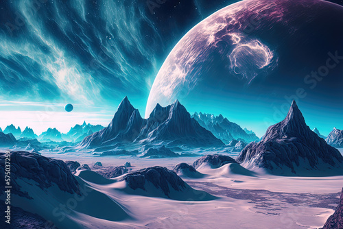 Fantasy neon landscape of a distant unknown planet. AI © Terablete