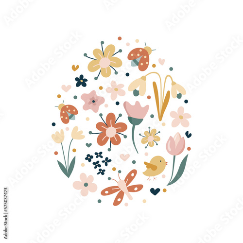 Easter egg on a background of bright flowers and leaves, isolated on a white background. This Easter egg is decorated with hearts. Hand-drawn. Vector illustration.