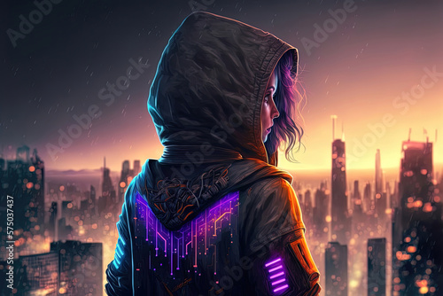 A man in a hood against the background of a neon city at night. AI