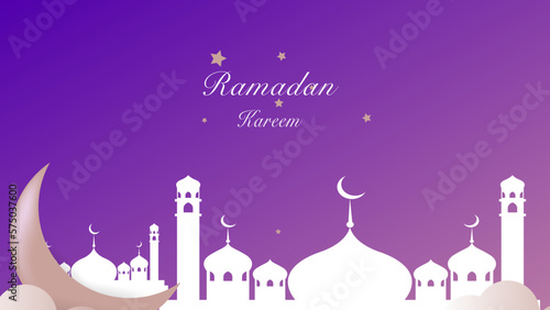 Ramadan Kareem greeting background with mosques and lanterns with moon and stars.