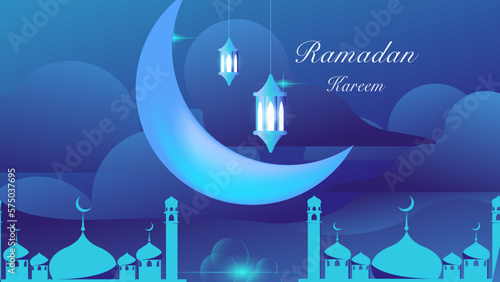Ramadan kareem islamic background design vector illustration with mosques, lanterns and moon
