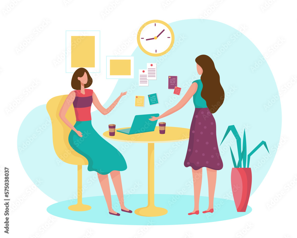 Two women meeting time together at meeting room with laptop computer. Two women meeting time together at meeting room with laptop computer.