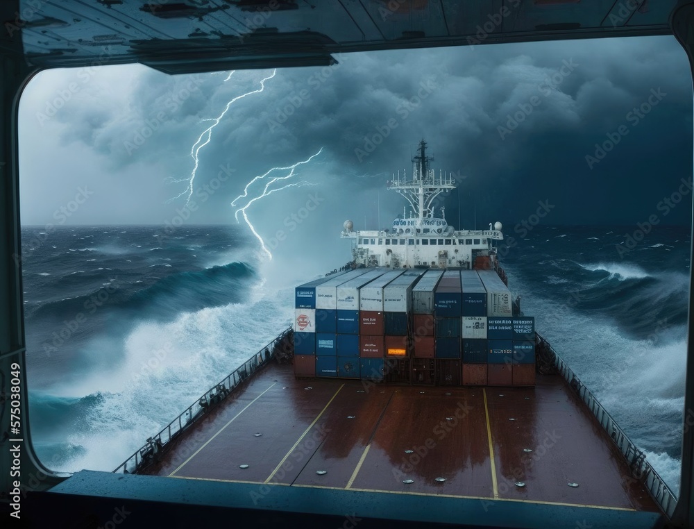Cargo ship with containers on deck in storm sea stormy sky, cargo  transportation in bad weather, ship bridge view. Cargo vessel carrying  export goods in ocean, reliable cargo carrier, generative AI Illustration