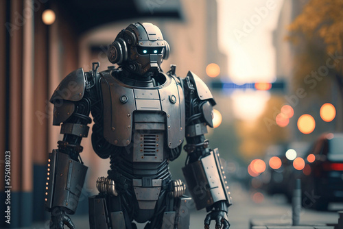 Robot on the city street. Generative AI