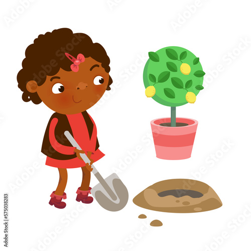Cute isolated girl in garden digging hole and replanting lemon tree. Cartoon character animal horse for design. Vector illustration. 