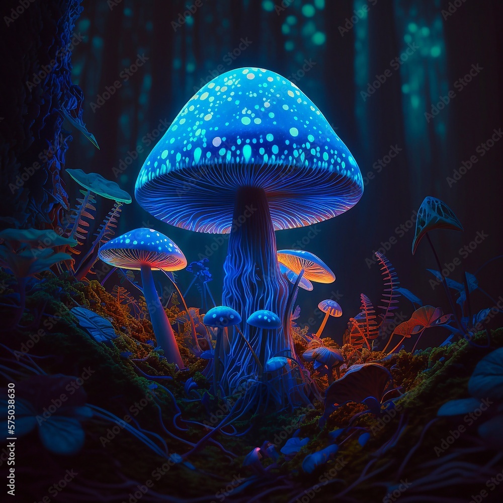 Neon glowing mushroom in the forest. Generative AI