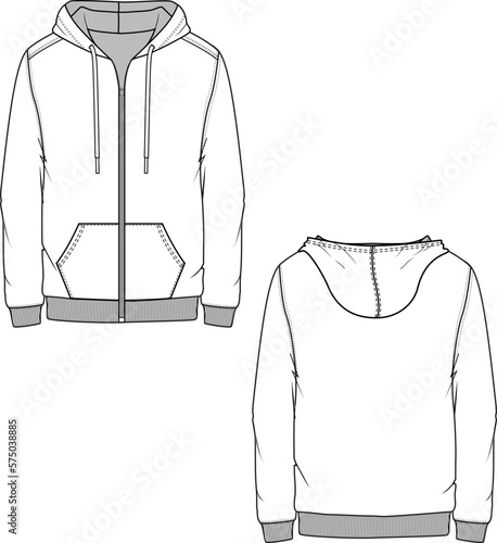 Mens Zipper Hoodie Sweatshirt Flat Sketches technical drawing template design vector-01