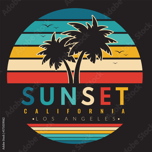 Retro vintage California sunset logo badges on black background graphics for t-shirts and other print production. Vector illustration for design. 70s-style concept.
