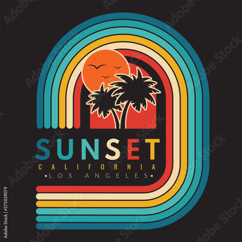 Retro vintage California sunset logo badges on black background graphics for t-shirts and other print production. 70s-style concept. Vector illustration for design.