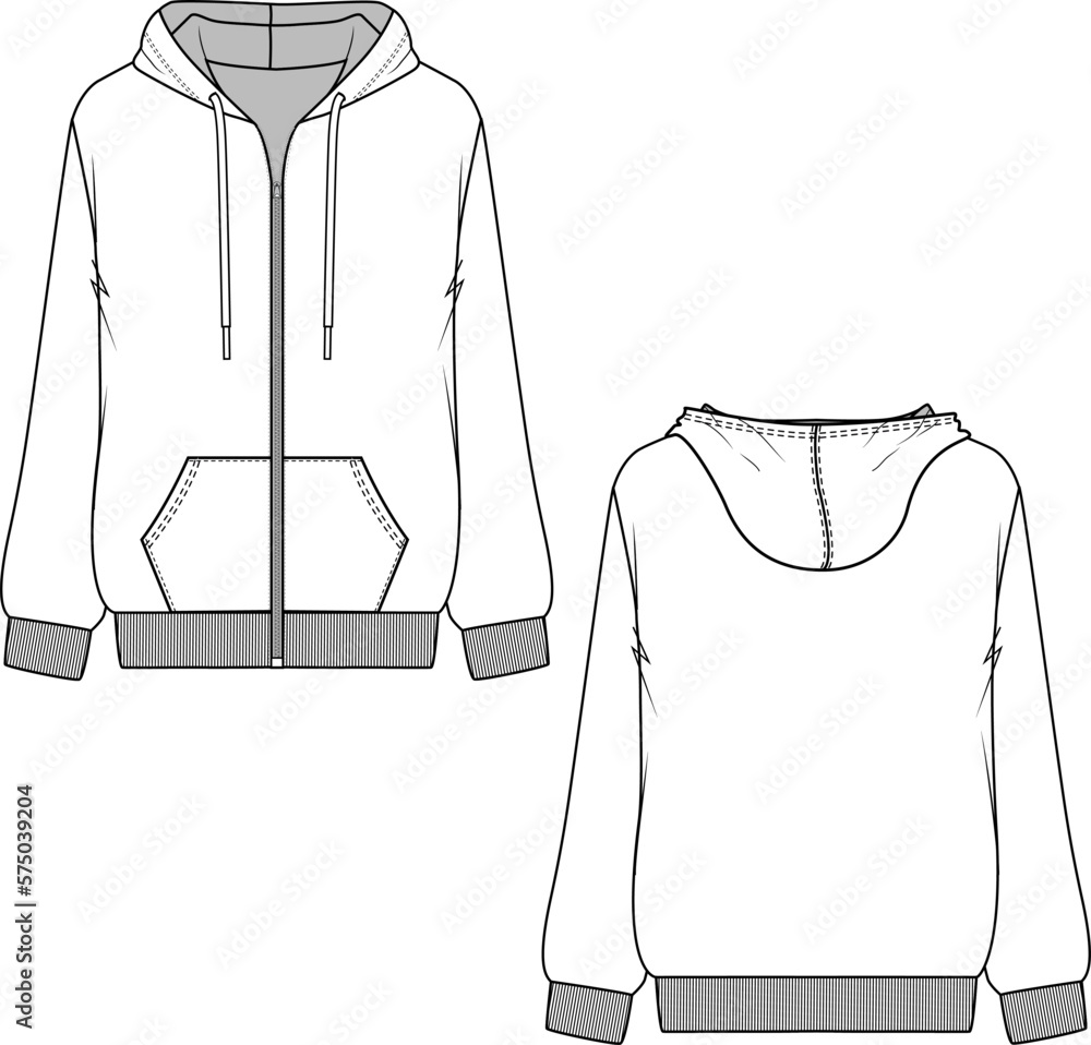 Casual Fashion full open zipper hoodie flat sketch technical drawing ...