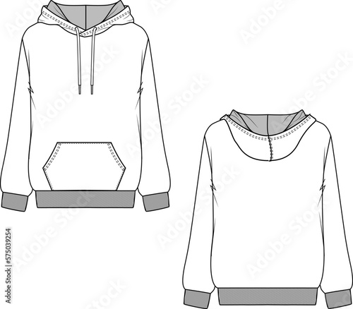 Casual fashion Hoodie Technical flat sketch drawing vector