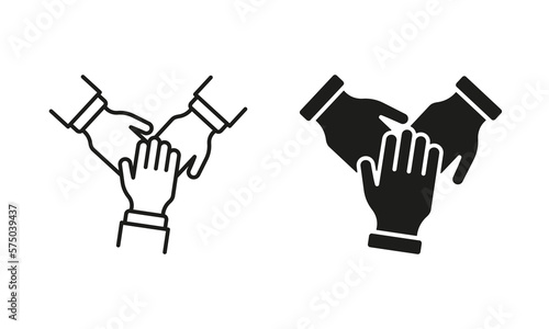 Teamwork Alliance, Partnership and Help. Hand Together Silhouette and Line Icon Set. Collaboration Group, Team Job Pictogram. Company Participation Icon. Editable Stroke. Isolated Vector Illustration