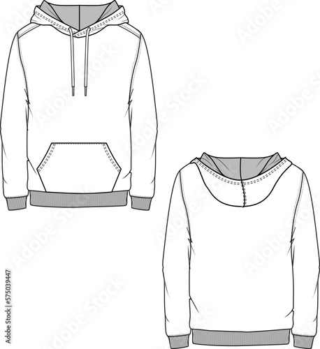 Mens basic hoodie Sweatshirt Flat Sketches technical drawing template design vector
