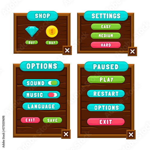 Complete set of level button game pop-up, icon, window and elements for creating medieval RPG video games