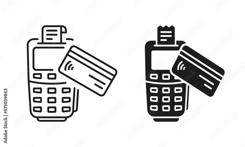 Pos with Credit Card Silhouette and Line Icon Set. Bank Terminal Machine for Cashless Payment Pictogram. Banking Finance Electronic Money Transaction. Editable Stroke. Isolated Vector Illustration Pos with Credit Card Silhouette and Line Icon Set. Bank Terminal Machine for Cashless Payment Pictogram. Banking Finance Electronic Money Transaction. Editable Stroke. Isolated Vector Illustration
