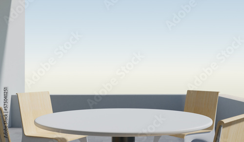 Generic balcony or patio space with outdoor furniture background, close-up 3d rendering mockup. Digital illustration of contemporary lounge area, architecture or real estate rendering © Photoboyko