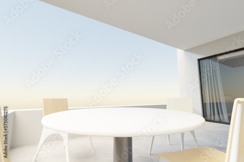 Generic balcony or patio space with outdoor furniture background, 3d rendering. Digital illustration of contemporary lounge area, architecture rendering