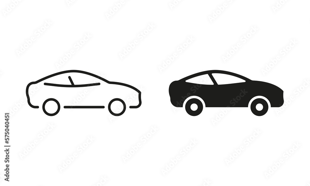 Vehicle Automobile Transportation Line and Silhouette Icon Set. Car in Side View Pictogram. Automotive Sedan Transport Symbol Collection on White Background. Auto Sign. Isolated Vector Illustration