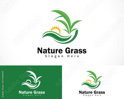 nature grass logo creative leaf sun design concept garden farmer