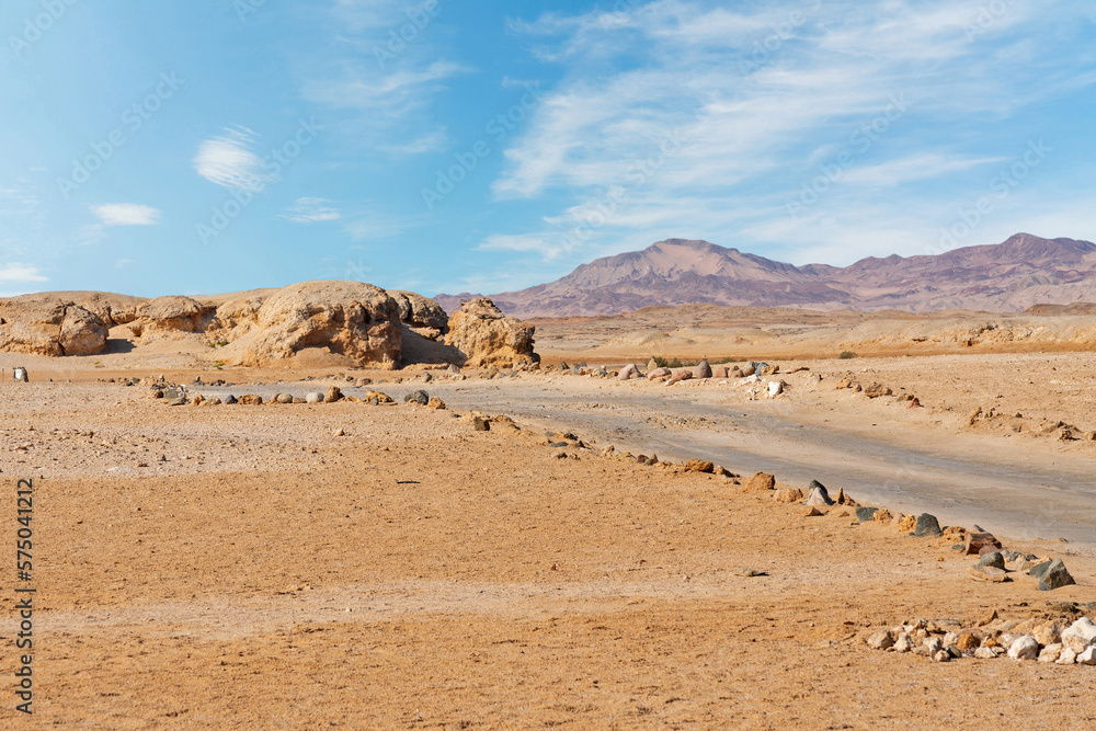 Desert of Ras Mohammed National Park with rock in form of leon head, Sinai, Egypt
