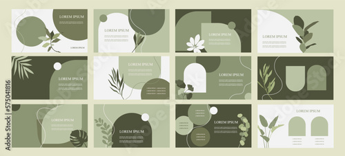 Set of templates for presentation, web design, landing page, banner. Design for natural cosmetics. Eco style. Green leaves and plants. Horizontal banners. Vector flat illustration. EPS 10