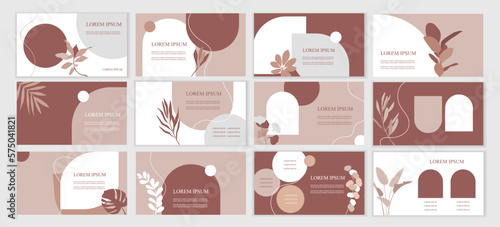 Set of templates for presentation, web design, landing page, banner. Design for natural cosmetics. Eco style. Leaves and plants. Horizontal banners. Vector flat illustration. EPS 10