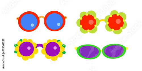 A set of colorful sunglasses with different colors and shapes. 