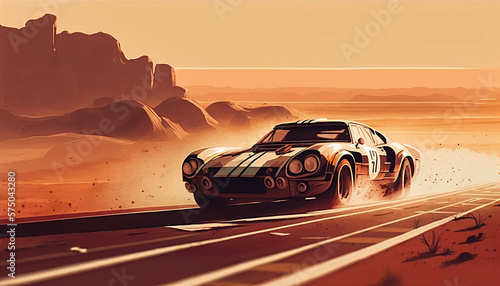 vintage retro style illustration of a retro sport super car on road at sunset sunrise sky with speed lines background, new quality transport stock image wallpaper design, Generative AI