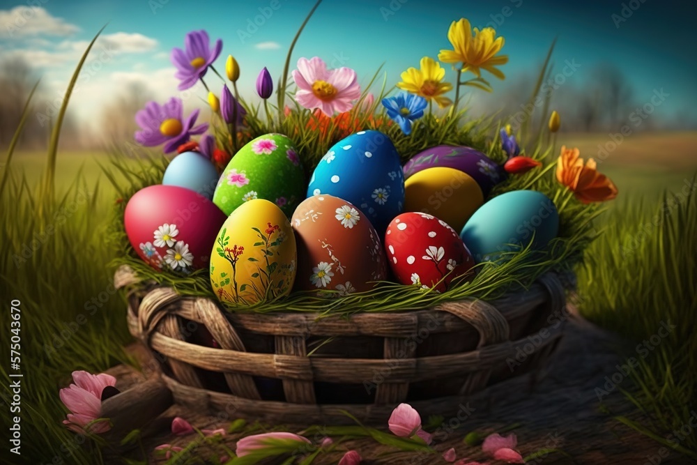 Cute easter eggs on wooden basket, with green garden grass, and colorful flowers. Suitable to use for easter day event design Cute easter eggs on wooden basket, with green garden grass, and colorful flowers. Suitable to use for easter day event design