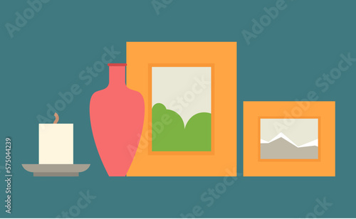 Red ceramic vase, burning candle and paitings in wooden frames. Comfort and cosiness items, home decoration elements, cartoon flat vector illustration