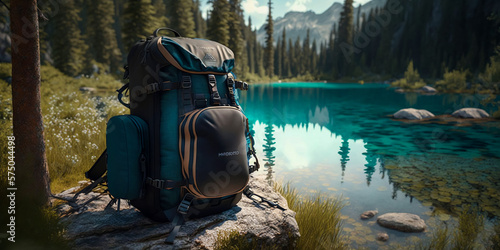 Professional travel backpack stands on the ground. Forest by the lake in the background. Sunny day. Advertising illustration. Template for the service. Banner with copy space. photo
