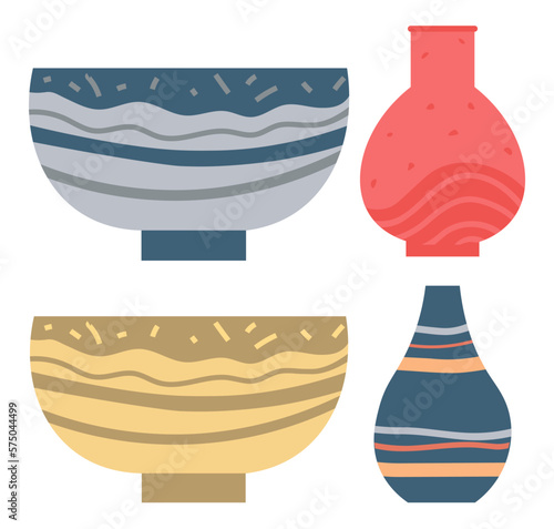 Set of striped vase isolated on white. Crockery decorative jar with waves ornament, color pot in flat style design, ceramic flowerpot. Handmade items from clay. Vase for flowers. Vector illustration