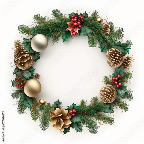 Christmas Wreath Decorated isolated on white Generative ai