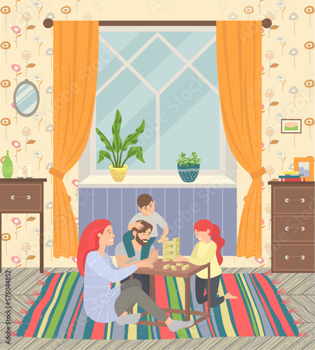 Happy family of parents and children at home on floor playing games. They sitting on carpet and play jenga. Happiness and cosiness. Mother and father, son and daughter. Vector illustration flat style