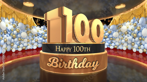 100th Birthday backdrop, poster, flyer 3d render illustration in gold with balloons and fireworks background photo
