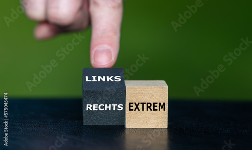 Wooden cubes form the German expression 'linksextrem' (extreme left) and 'rechtsextrem' (extreme right). photo
