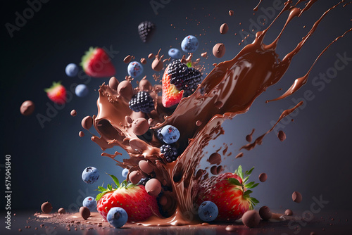 Illustration of a chocolate dessert combined with fruit. An explosion of flavor. Food photography style on dark background. Studio light. Dessert poster idea. Generative AI. 