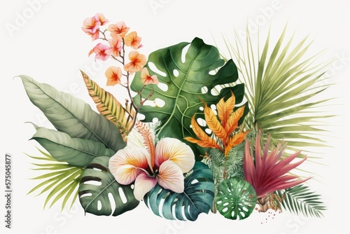 Wallpaper Mural "Tropical Bouquet": This image features a stunning bouquet of exotic plants and tropical flowers. The bright colors and unique shapes of the flowers create a striking composition. Generative ai. Torontodigital.ca